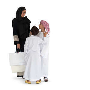 cut out arab woman standing and talking with her two sons