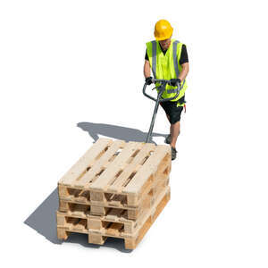 cut out worker transporting pallets with a forklift seen from above