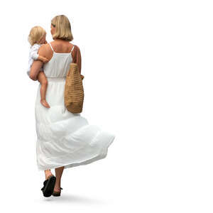 cut out woman in a white dress walking with a baby in her lap