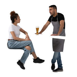 cut out woman sitting at a bar and talking to a bartender