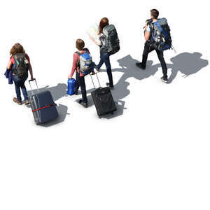 four people with suitcases seen from above