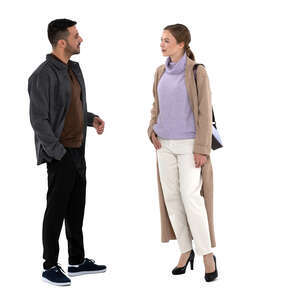 two cut out people wearing light jackets standing and talking