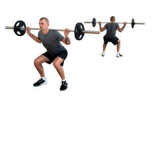 man doing squats with weights in a gym with mirror reflection