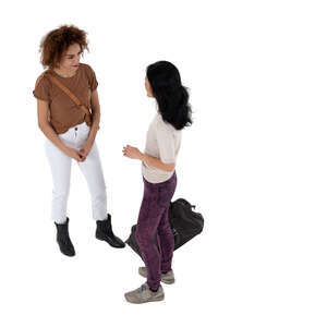 two cut out women standing and talking seen from above