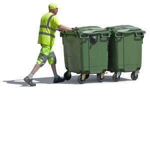 worker pushing carbage bins