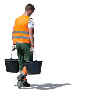 construction worker with buckets walking