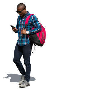 cut out black man with a large backpack walking