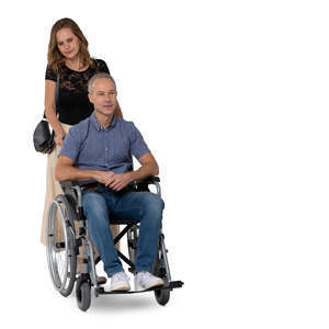 cut out woman pushing a man sitting in a wheelchair