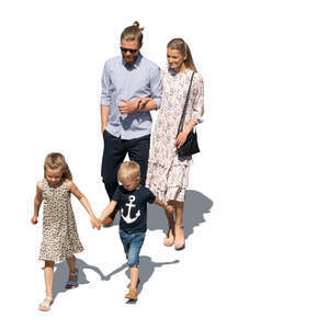 cut out family with two little kids walking seen from above