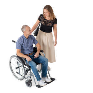 cut out woman standing and talking to a man in a wheelchair