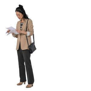 cut out woman standing and reading some papers