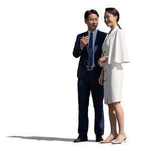 cut out asian man and woman standing and talking happily