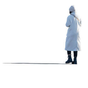 cut out woman in a light grey winter coat walking