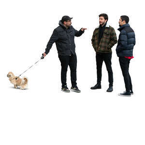 three cut out men with a dog standing and talking