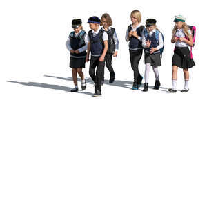 cut out group of kids in school uniforms walking and talking