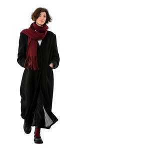 cut out woman in a long black overcoat walking