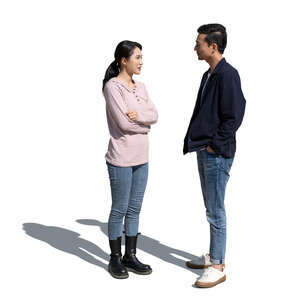 two cut out asian people standing and talking