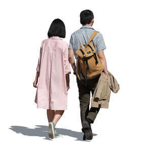 cut out asian woman and man walking on a summer day