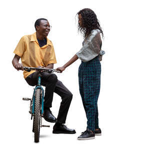 cut out man sitting on a bike talking to a woman