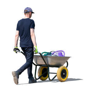 cut out young man pushing a barrow with watering cans