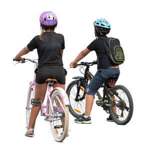 two cut out kids with bikes stopping while riding