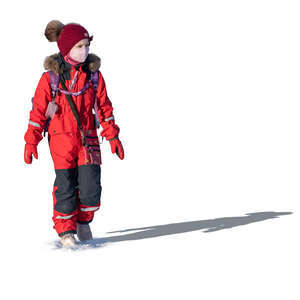 cut out little girl with a face mask walking in the snow