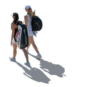 two cut out backlit tennis players walking seen from above