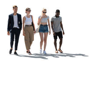 cut out backlit group of four friends walking in summer