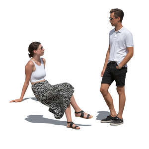 cut out woman sitting and talking to a man standing beside her