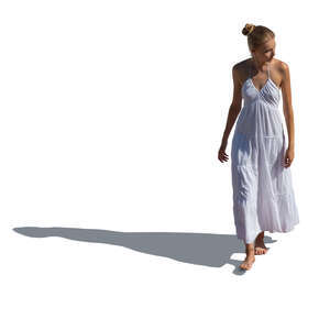 cut out woman in a white summer dress walking seen from above