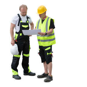 two cut out construction workers reading work plans