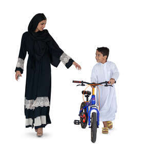 cut out arab boy with a bicycle walking with his mother