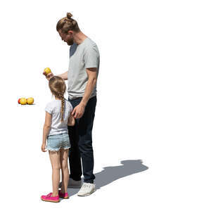 cut out father and daughter picking apples at farmers market