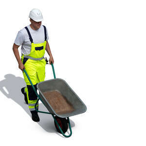 cut out top view of a construction worker with a wheelbarrow