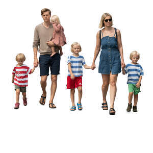 cut out family with four small kids walking