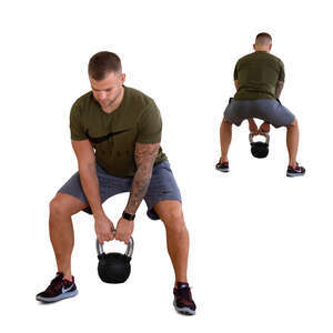 cut out man doing power squats in the gym with mirror reflection