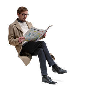 cut out man in a trenchcoat sitting and reading a newspaper