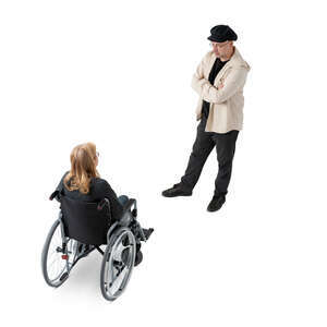 cut out woman in a wheelchair talking to a man seen from above