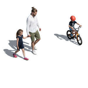 cut out father with two kids walking seen from above