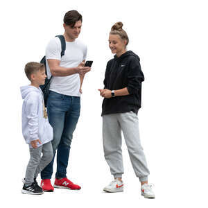 cut out man with two kids standing and checking his phone