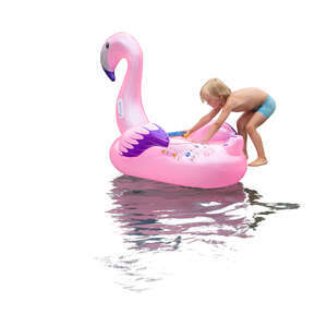 cut out little boy going to swim with a pink famingo floatie