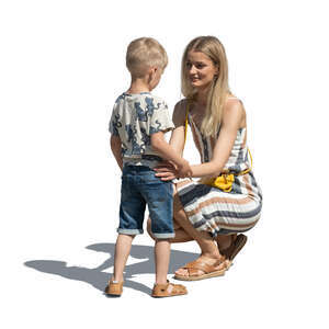 cut out woman squatting and talking to her son