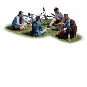 cut out group of young people sitting on the grass seen from above