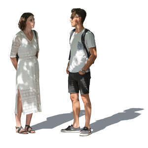 two cut out people standing in tree shade and talking