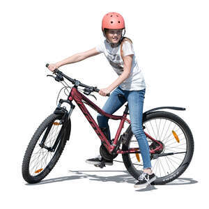 cut out girl with a bicycle pausing while riding