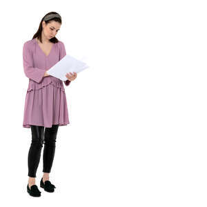 cut out woman standing and reading some papers