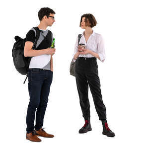 cut out man and woman with drinks standing and talking