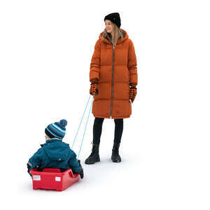 cut out woman standing with her son sitting on a sledge