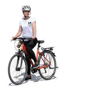 cut out sporty woman with helmet standing with a bike
