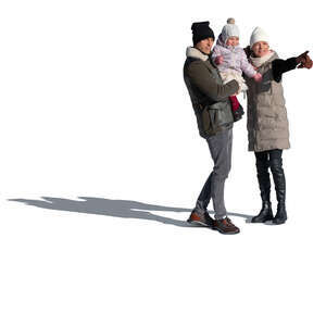 cut out family with a baby standing and pointing in winter